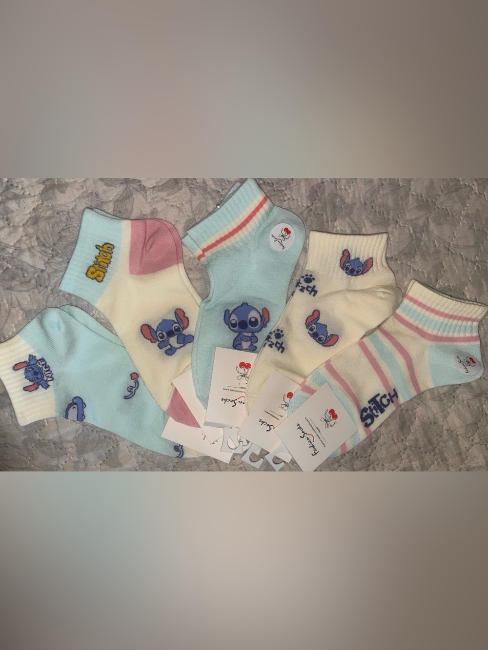Stitch Character Ankle Socks for Women Set- Light Blue, Cream, Pink